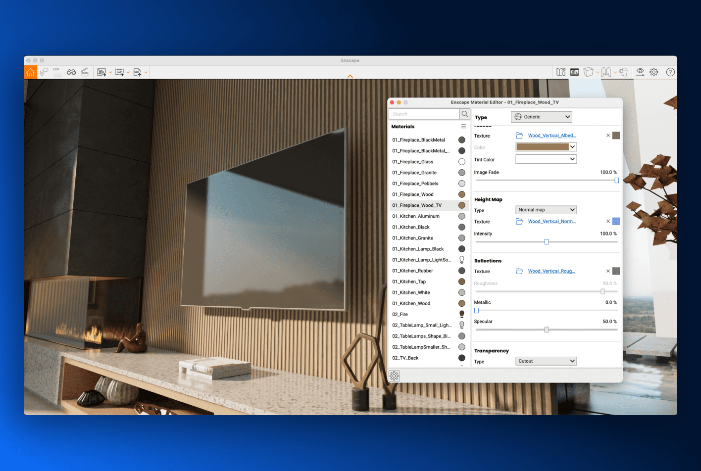 Enscape by Chaos, with its Avalonia material editor on macOS
