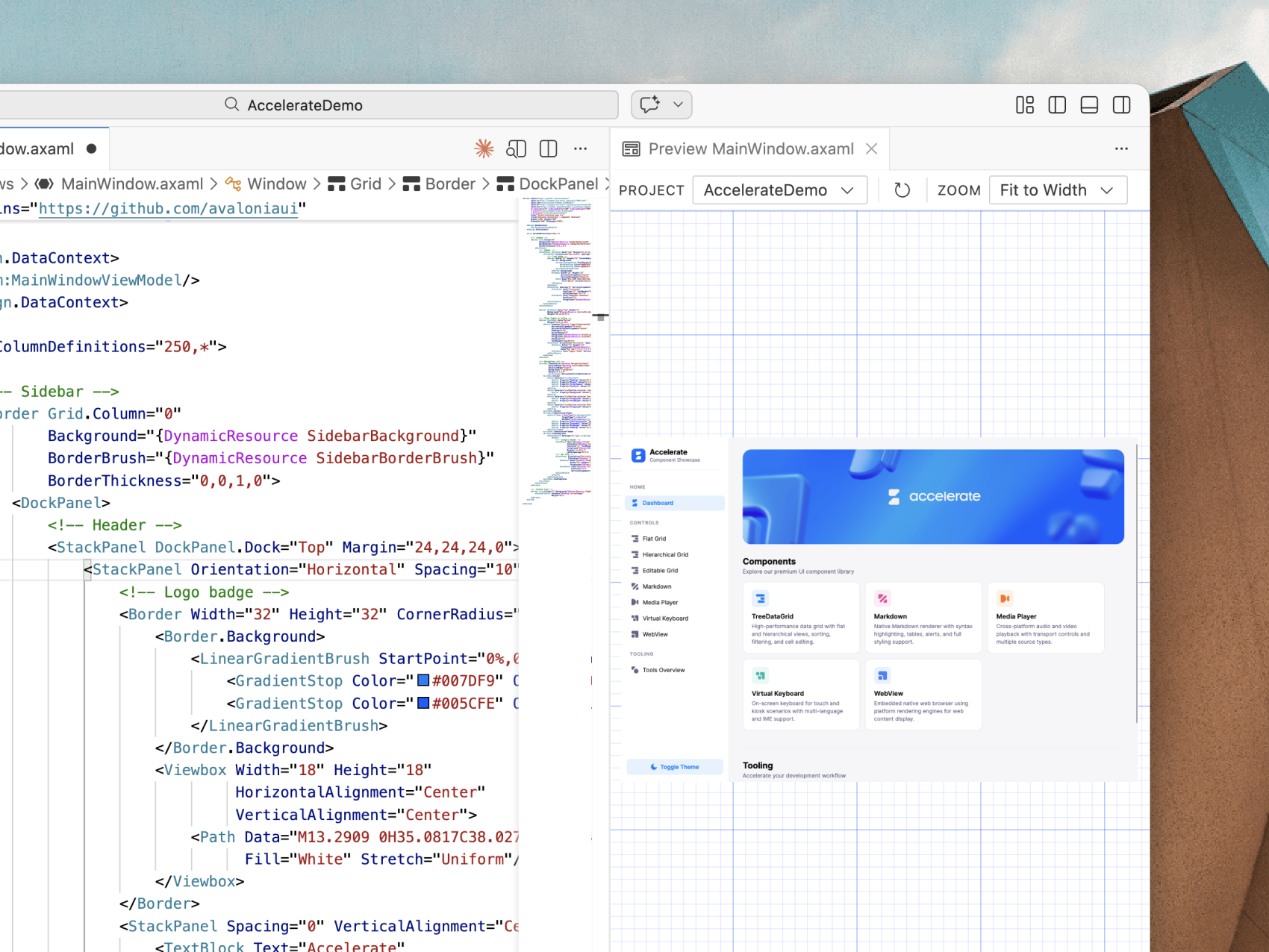 Visual Studio showing Avalonia XAML editor with live preview