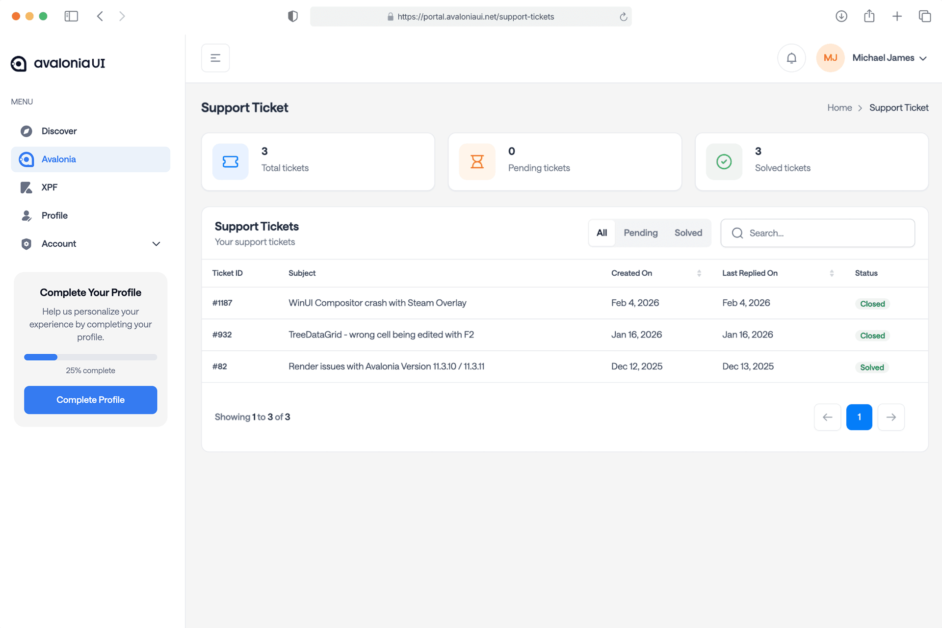 Avalonia support ticket portal showing ticket management dashboard